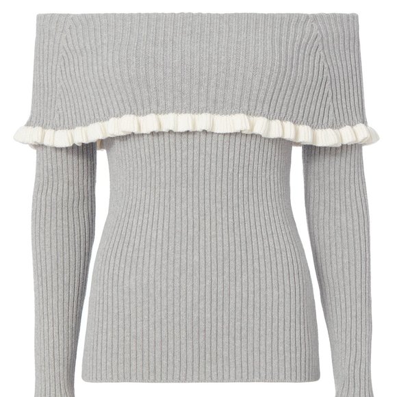 Intermix Gray Raylynn Ruffle Off Cold Shoulder Cocktail Sweater Top Pullover - Picture 2 of 12